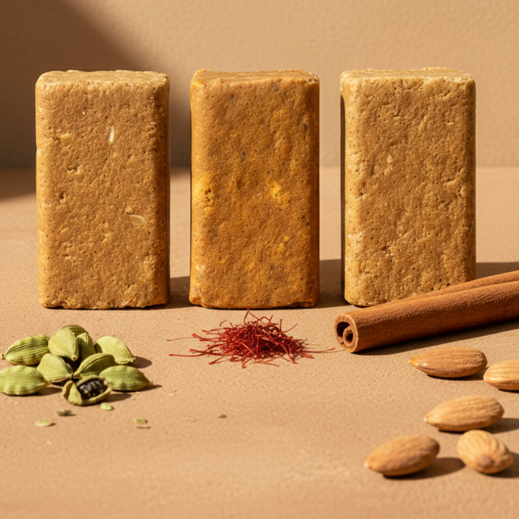Three rectangular brown bars on a beige surface with spices and almonds.